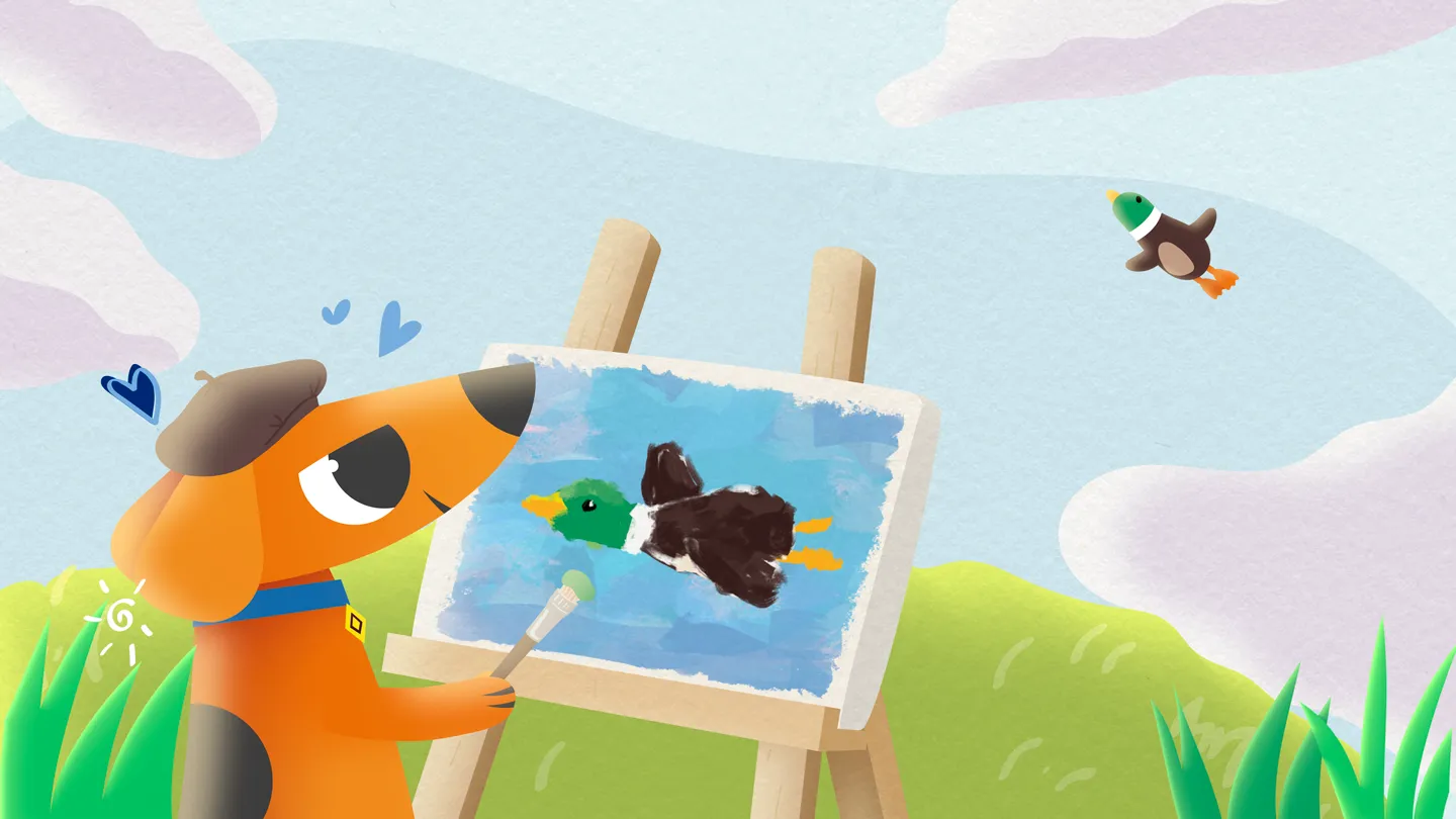 2D Erklärvideo und Werbefilm Illustration: Dackel mit Malerhut malt auf einer Staffelei eine fliegende Ente, während im Himmel eine Ente vorbeifliegt – humorvolle 2D Animation für Produktvideo und kreative Markenkommunikation.