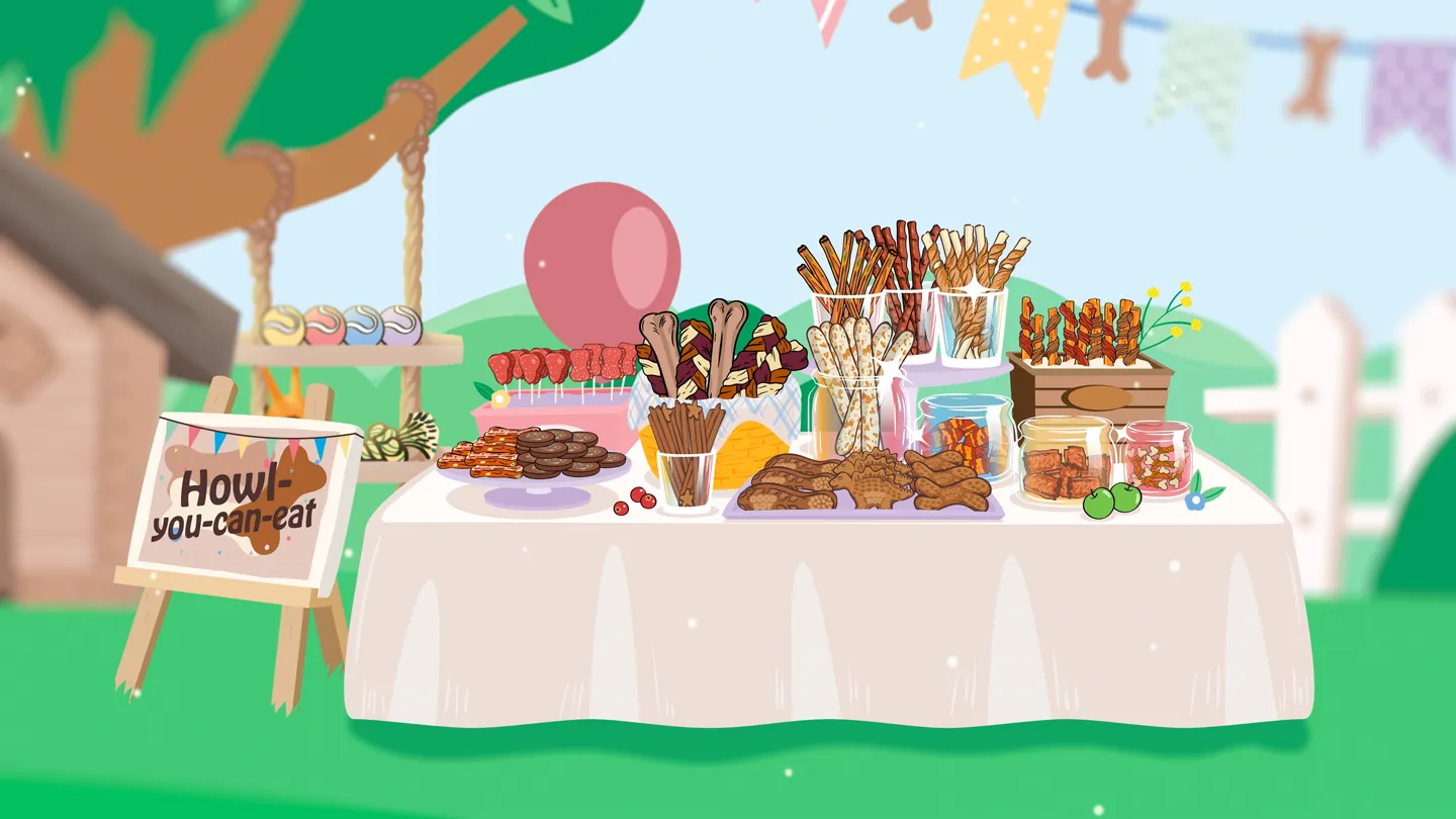 Buffet mit bunten Hundesnacks und Leckerlis auf einem Tisch im Garten – Howl-you-can-eat Hundeparty.
