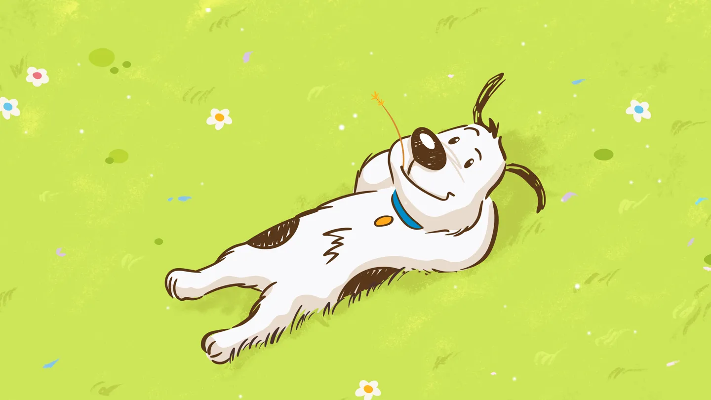 2D Erklärvideo und Werbefilm Illustration: Weiß-schwarzer Hund liegt entspannt auf grüner Wiese, kaut auf einem Halm und blickt in den Himmel – ruhige 2D Animation für Produktvideo und emotionale Markenkommunikation.