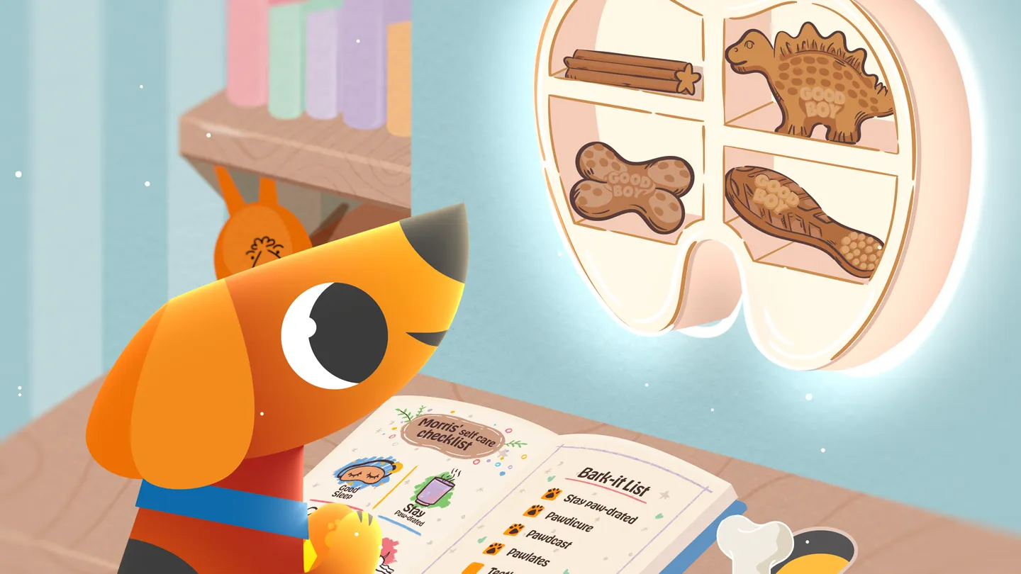 2D Erklärvideo und Werbefilm Illustration: Hund betrachtet ein Leckerli-Regal mit Knochen- und Keksformen; vor ihm ein aufgeschlagenes Notizbuch mit Selbstpflege-Checkliste – freundliche 2D Animation für Produktvideo.