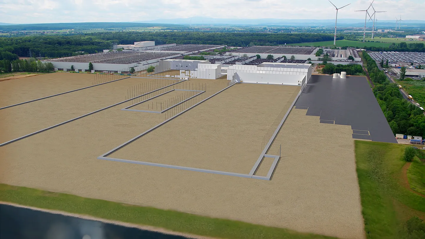 Bauphase der Volkswagen SalzGiga Gigafactory in Salzgitter mit Fundamenten für die nachhaltige Batteriezellenproduktion von PowerCo.