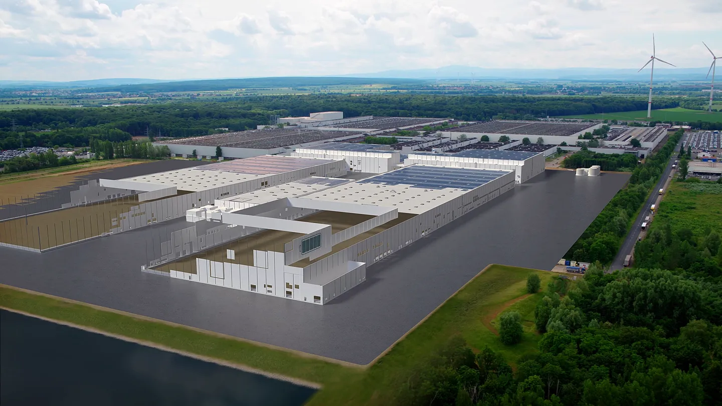 3D-Visualisierung der Volkswagen SalzGiga Batteriefabrik in Salzgitter, PowerCo Gigafactory für nachhaltige Batteriezellenproduktion.