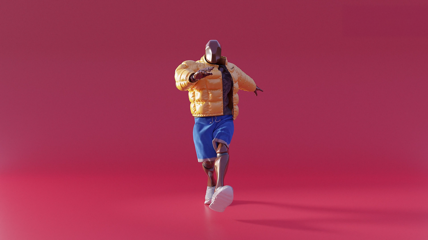 3D-Rendering einer stilisierten Holzfigur mit gelber Daunenjacke, blauen Shorts und weißen Sneakers vor rotem Hintergrund.