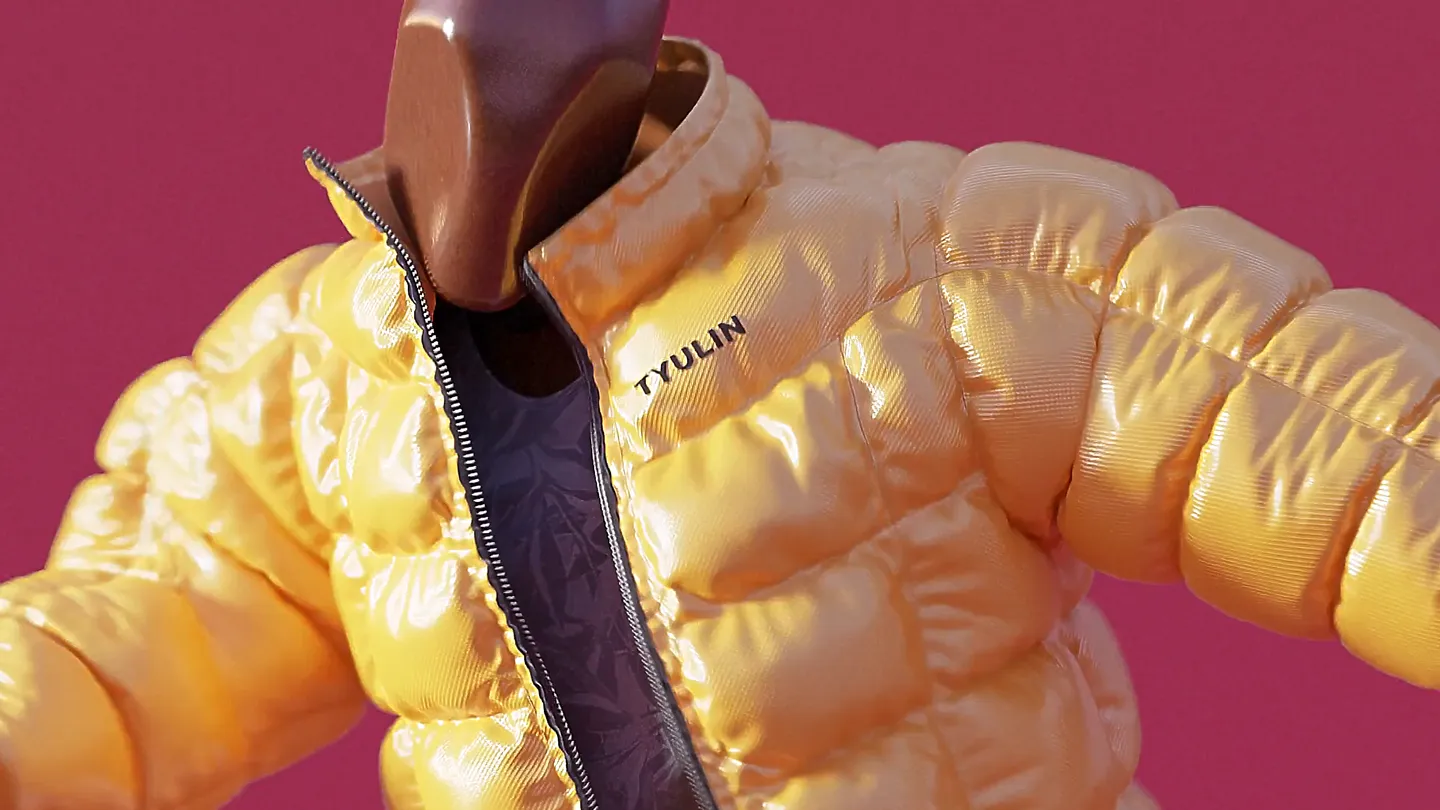 Nahaufnahme eines 3D-Renderings einer glänzenden gelben Daunenjacke auf einer stilisierten Holzfigur vor rotem Hintergrund. Auf der Jacke ist das Logo TYULIN sichtbar.