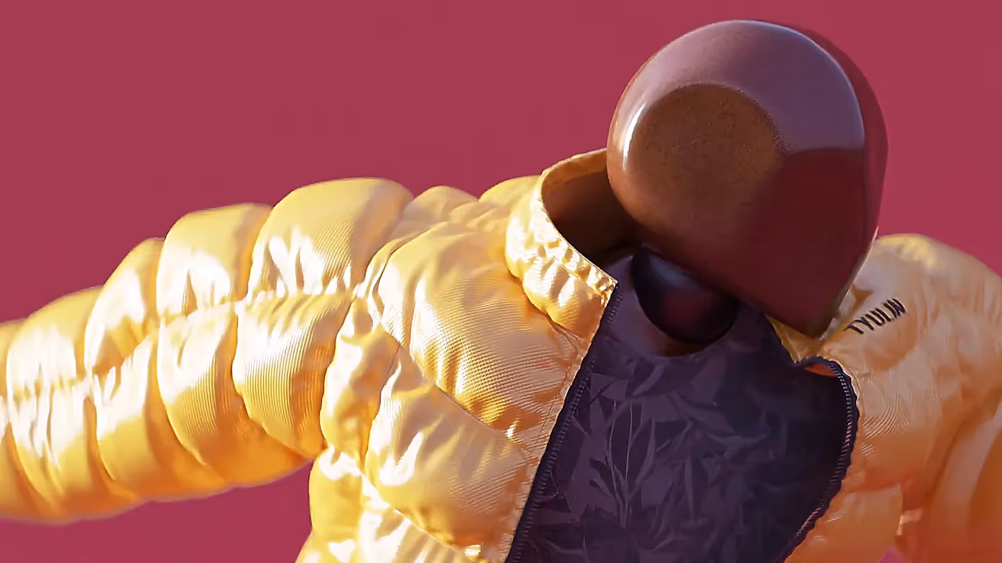 Nahaufnahme einer 3D-Renderfigur mit glänzend gelber Daunenjacke und holzartigem Kopf vor rotem Hintergrund. Der Fokus liegt auf der hochwertigen Stoffstruktur und den Lichtreflexen der Jacke.