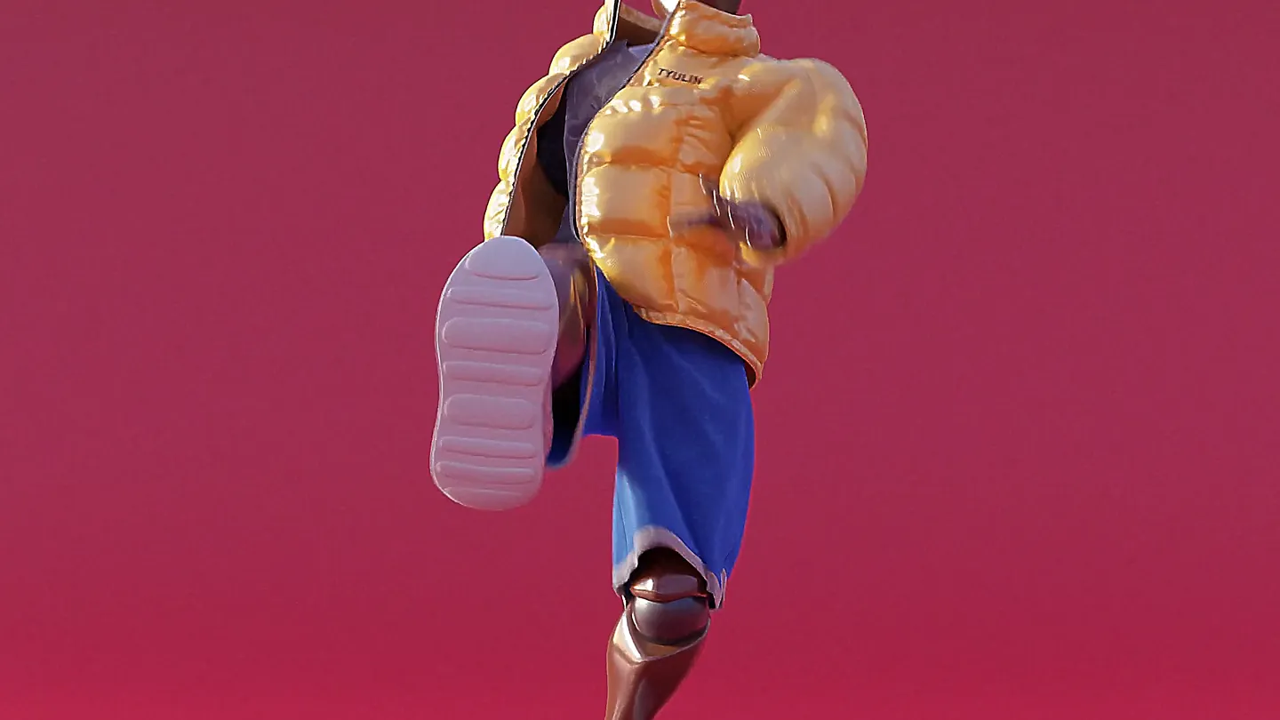 3D-Rendering einer stilisierten Holzfigur in gelber glänzender Daunenjacke und blauer Shorts mit weißem Sneaker im Vordergrund. Die Figur tritt dynamisch nach vorne vor rotem Hintergrund.
