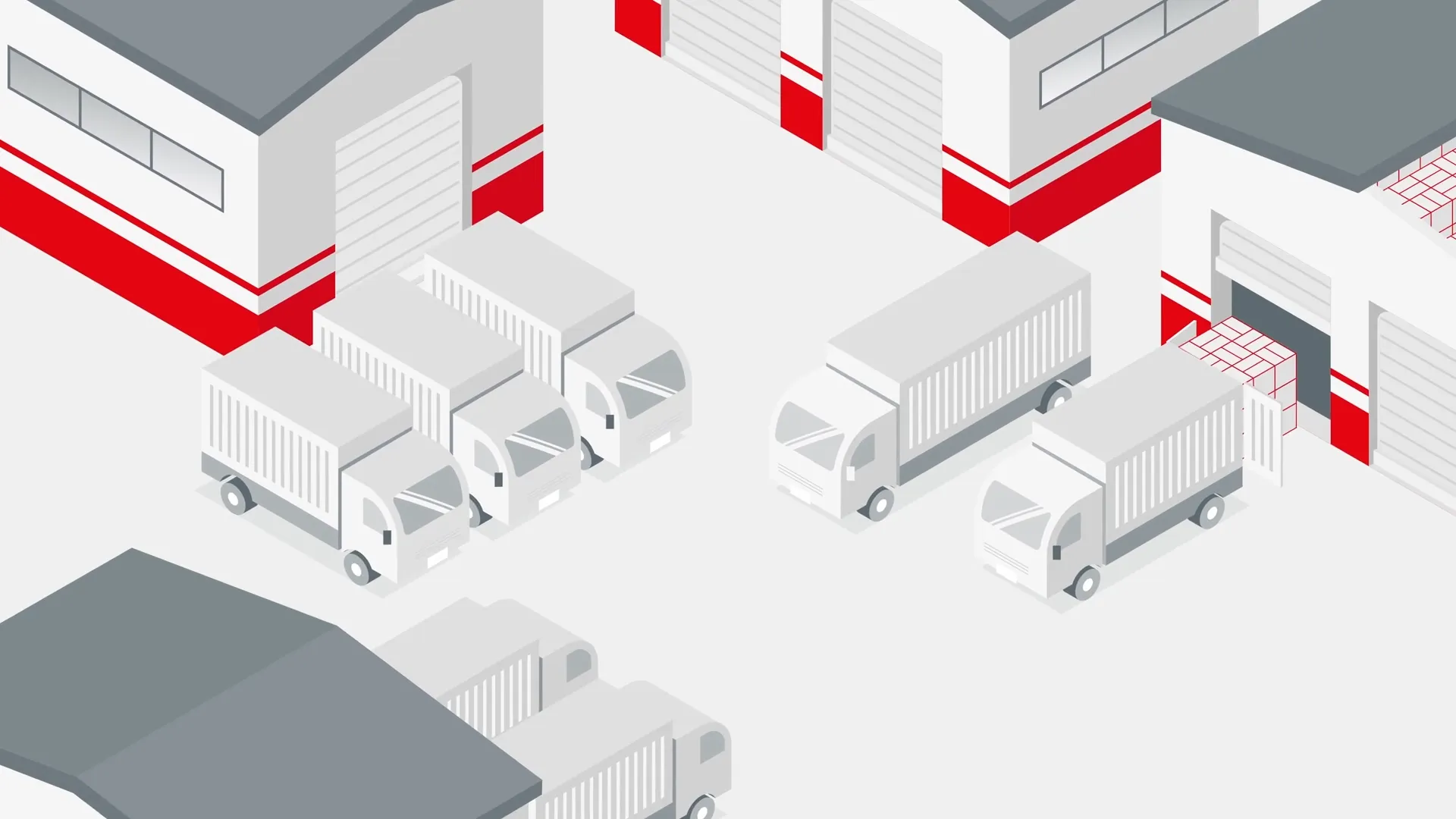 Illustration von Logistikzentrum mit LKWs, Lagerhallen und Laderampen für Transport und Warenumschlag.