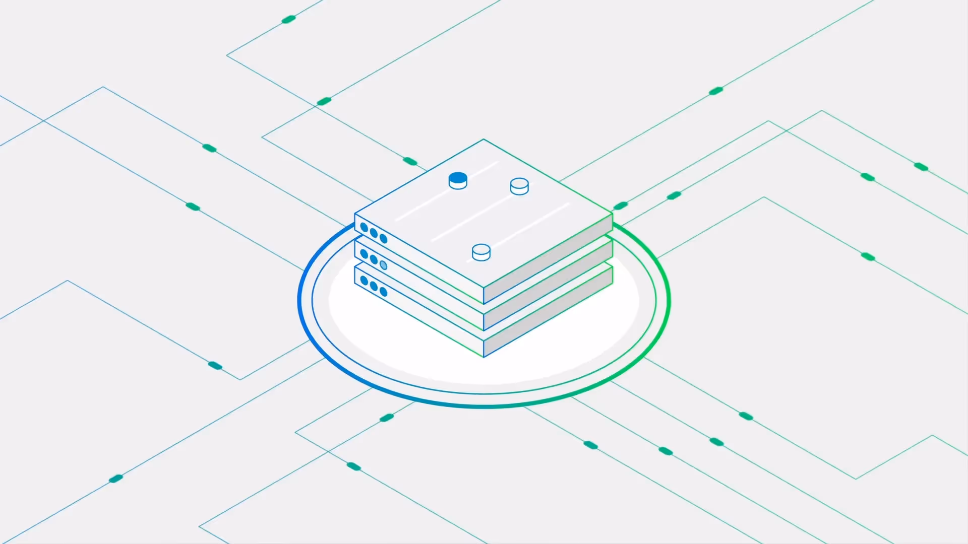 2D Erklärvideo Illustration eines Servers in 3D-Optik mit digitalen Leitungen – Symbol für Cloud Computing, sichere Datenverarbeitung und zentrale Steuerung logistischer Prozesse im Logistik-System des pLG Customer Portals.
