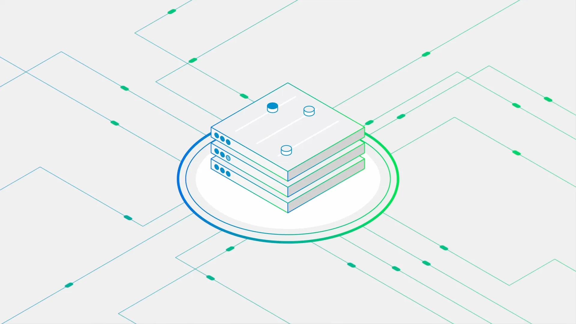 2D Erklärvideo Illustration eines Servers in 3D-Optik mit digitalen Leitungen – Symbol für Cloud Computing, sichere Datenverarbeitung und zentrale Steuerung logistischer Prozesse im Logistik-System des pLG Customer Portals.