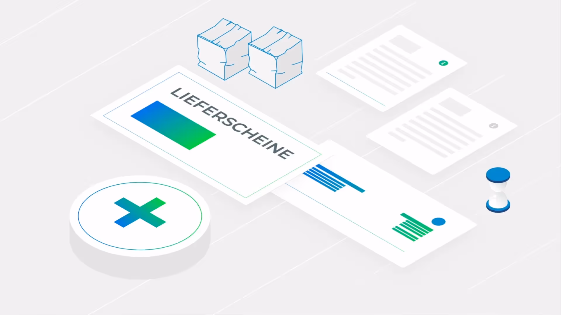 Illustration zeigt Lieferscheine, Dokumente, Stempel und Pakete. Symbolisiert digitale Verwaltung und Automatisierung von Lieferprozessen für mehr Übersicht und Effizienz in der Logistik.