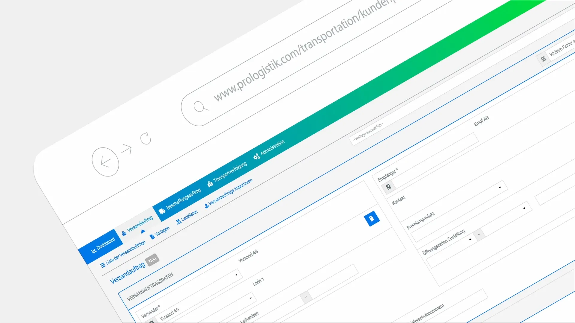 2D Erklärvideo Darstellung eines digitalen Logistik-Portals – Nahaufnahme eines geöffneten Browserfensters mit prologistik.com und Versandauftrag mit Eingabefeldern für Empfänger, Kontakt und Lieferdetails im Logistik-System.