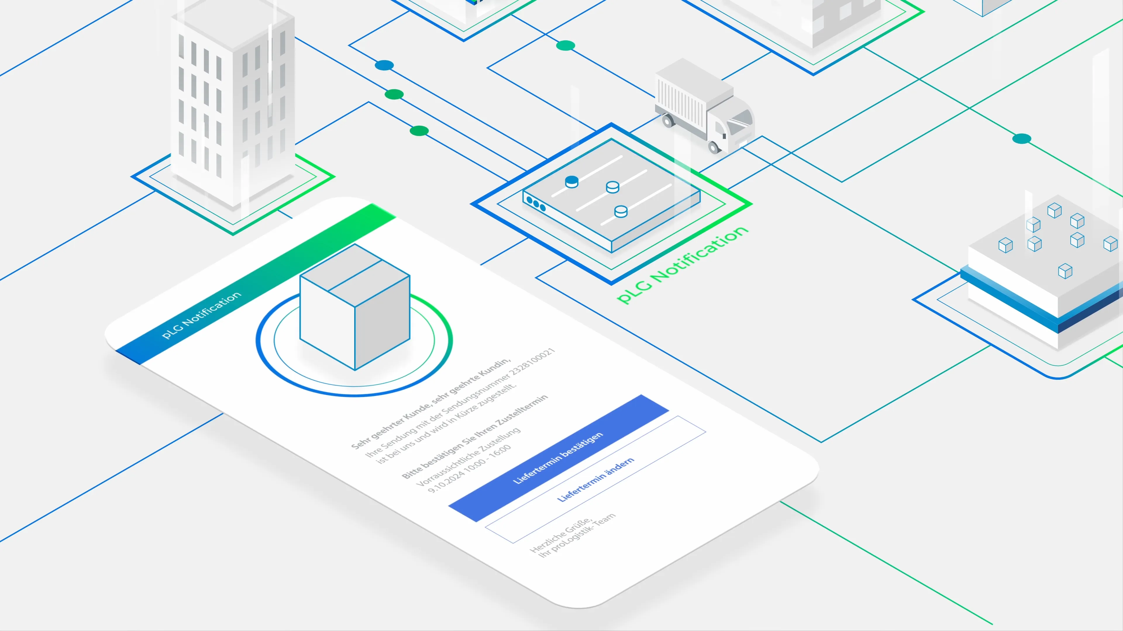 Grafik zeigt pLG Notification: Ein digitales Benachrichtigungssystem verbindet Gebäude, Server und LKW in einem Netzwerk, mit Smartphone-Interface zur Bestätigung oder Änderung von Lieferterminen.