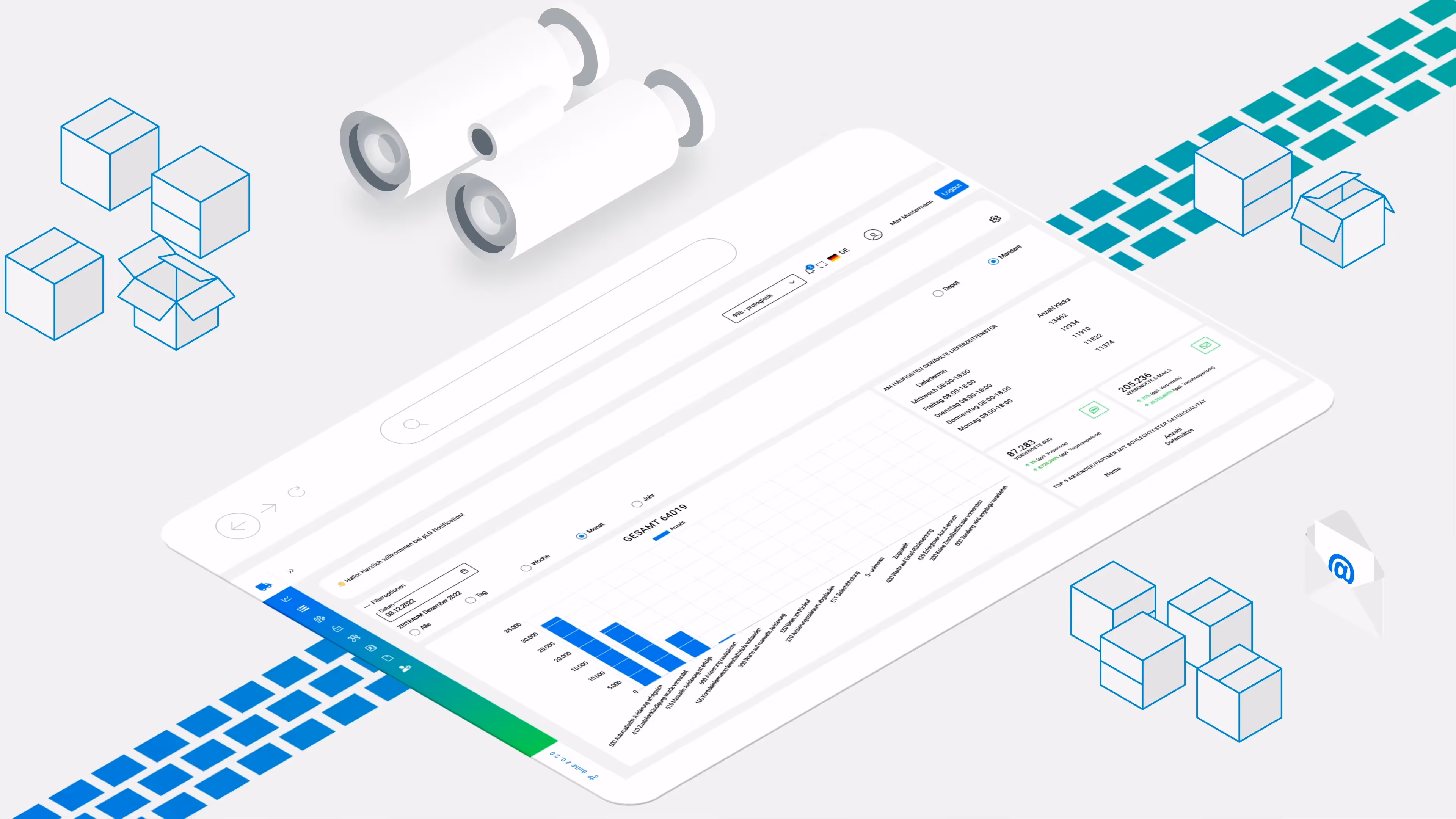 2D Erklärvideo Illustration eines Logistik-Dashboards im pLG Portal mit Diagrammen, Daten und Symbolen für Pakete, Kartons und Ferngläser – moderne 2D Erklärvideo Darstellung für digitale Logistik und Sendungsverfolgung.