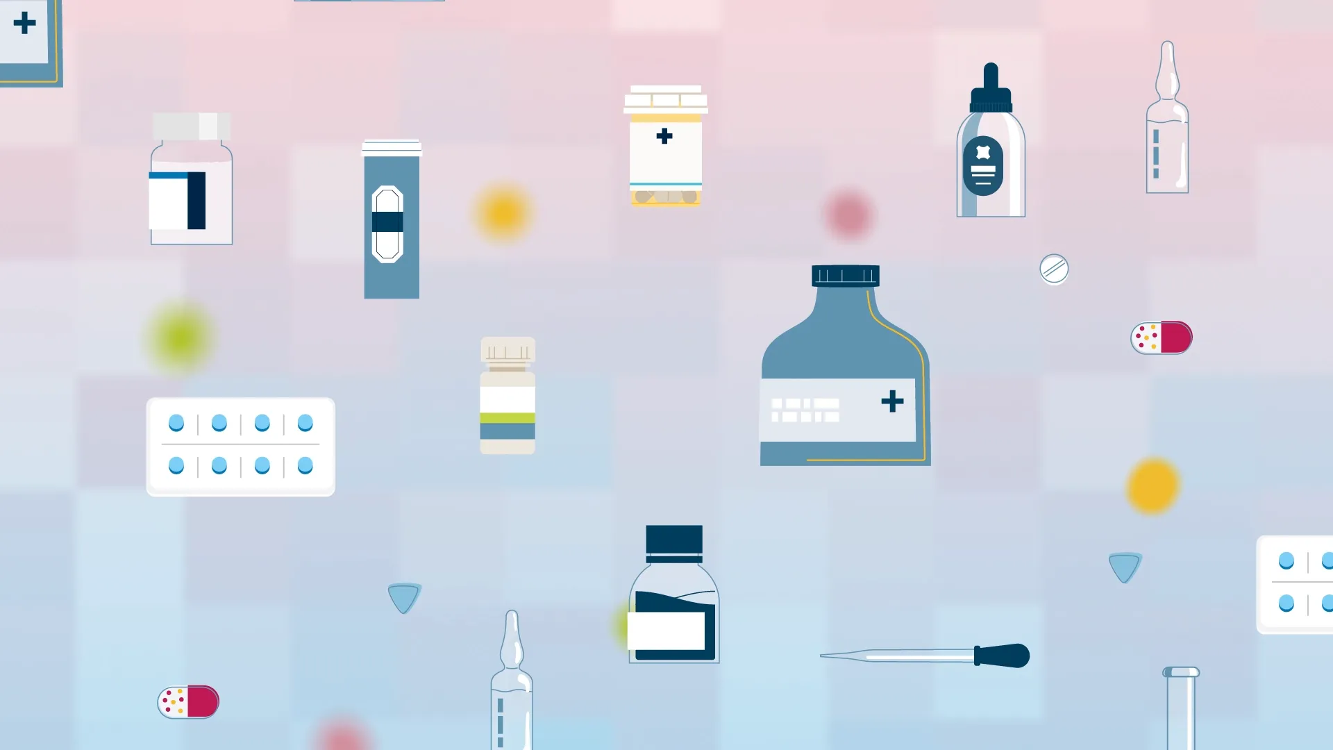 2D-Erklärvideo-Illustration mit Medikamenten, Pillen und Tropfflaschen. Modern animierte Darstellung aus einem medizinischen Werbefilm über Pharma, Gesundheit und innovative Arzneimittelkommunikation.