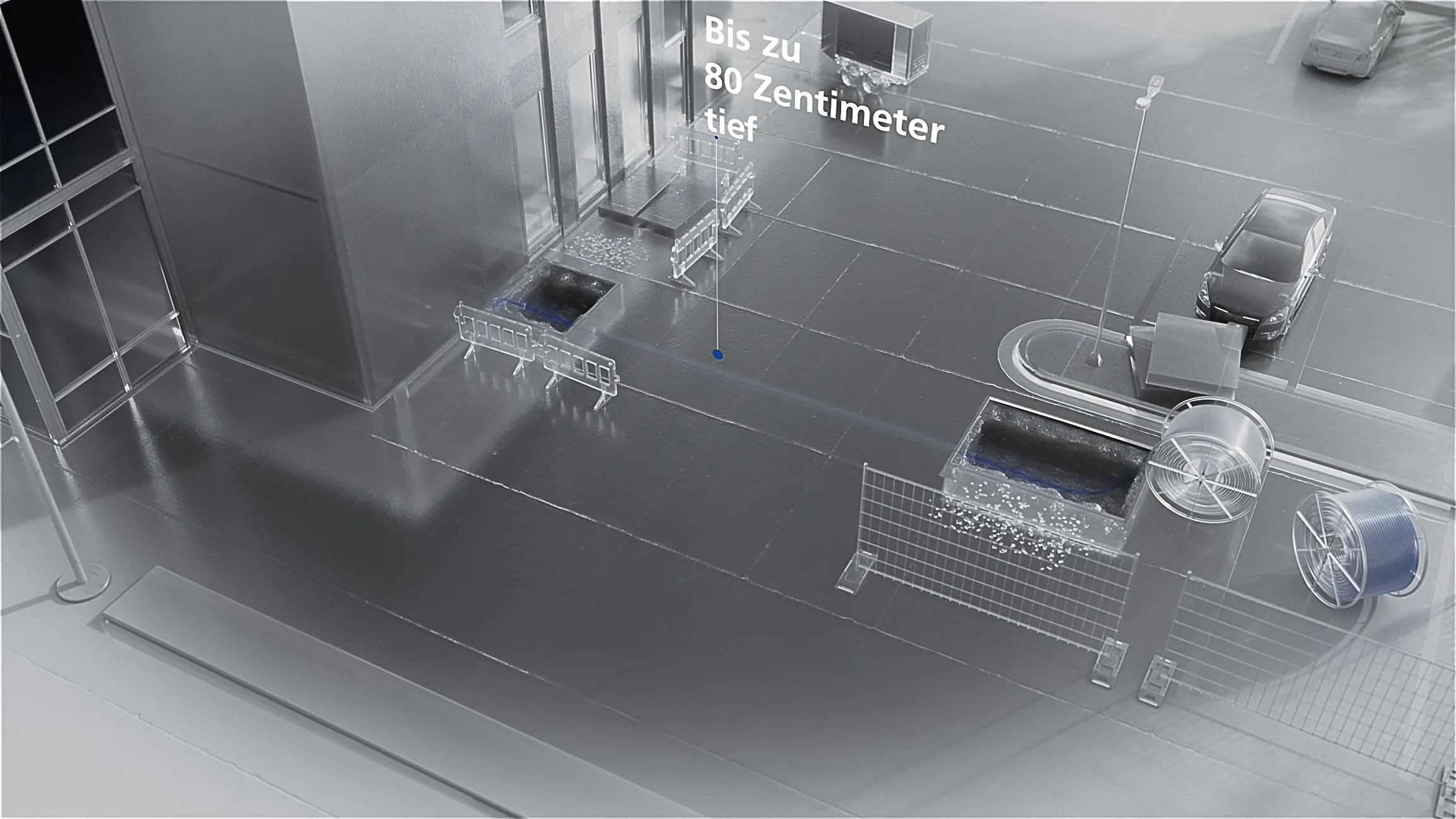 3D-Visualisierung einer Glasfaserverlegung: Baustellenausschnitt mit Kabeltrommeln, Schächten und Hinweis „Bis zu 80 Zentimeter tief“.