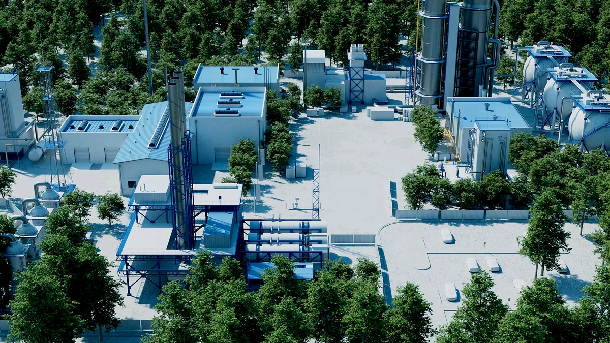 3D rendering of an industrial facility surrounded by trees, featuring large processing towers, tanks, and buildings for wastewater-to-energy systems.