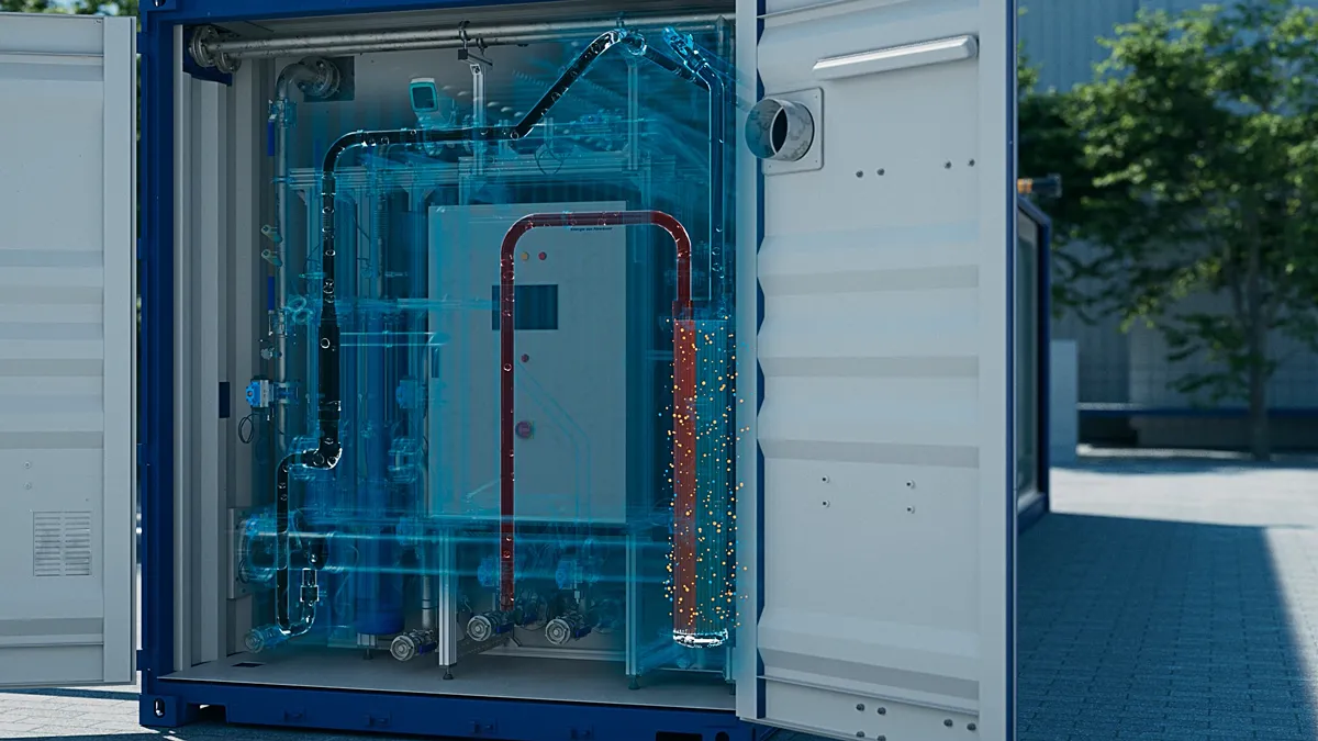 3D rendering of the inside of a Flexbio container, showing transparent technical layers with pipes, tanks, and valves illustrating the wastewater-to-energy process.