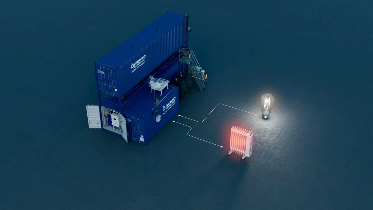 3D rendering of a Flexbio container system connected to a radiator and light bulb, symbolizing energy production from wastewater.