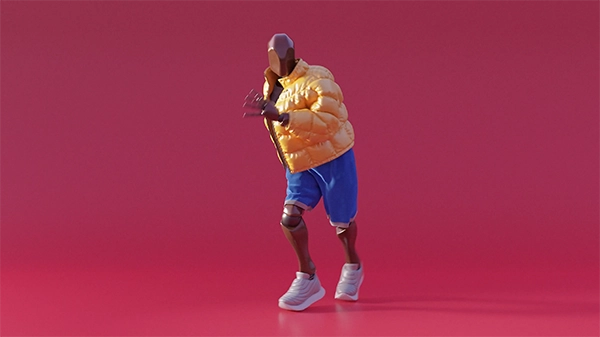 3D-Render einer tanzenden Figur mit holzähnlichem Kopf in gelber TYULIN-Daunenjacke, blauer Shorts und weißen Sneakers vor pinkem Hintergrund. Die Bewegung unterstreicht den urbanen Streetwear-Style.