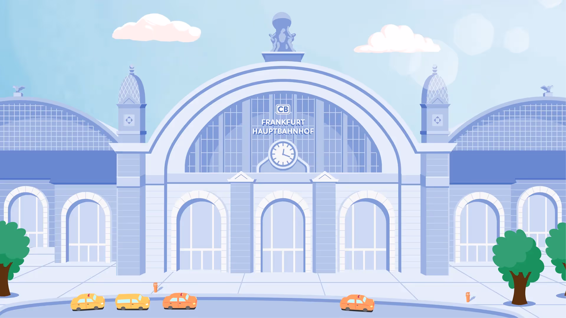 Verspielt gestaltete Cartoon-Illustration eines Bahnhofs mit Zügen und wartenden Reisenden.