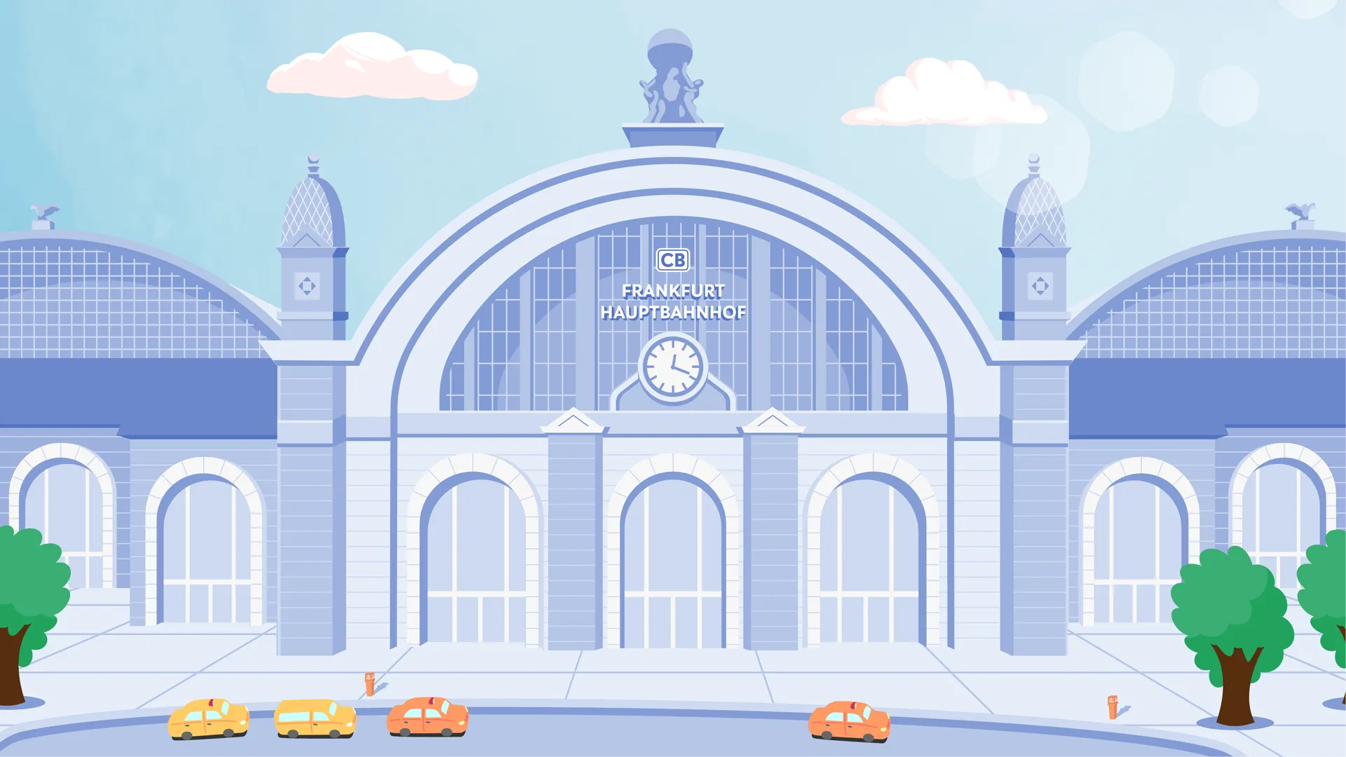 Verspielt gestaltete Cartoon-Illustration eines Bahnhofs mit Zügen und wartenden Reisenden.