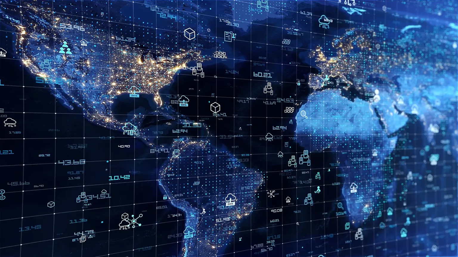 Digitale Weltkarte mit Daten und Netzwerken – Schaeffler vernetzt Industrie, Forschung und Produktion weltweit.