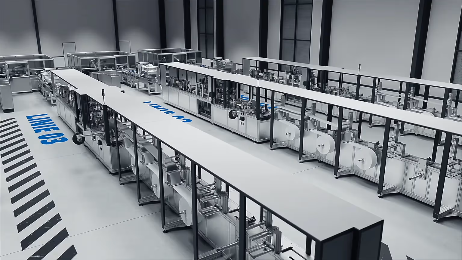 3D-Produktvideo zeigt Schneider Technologies Produktionslinie für FFP2-Masken – automatisierte Fertigung Made in Germany.