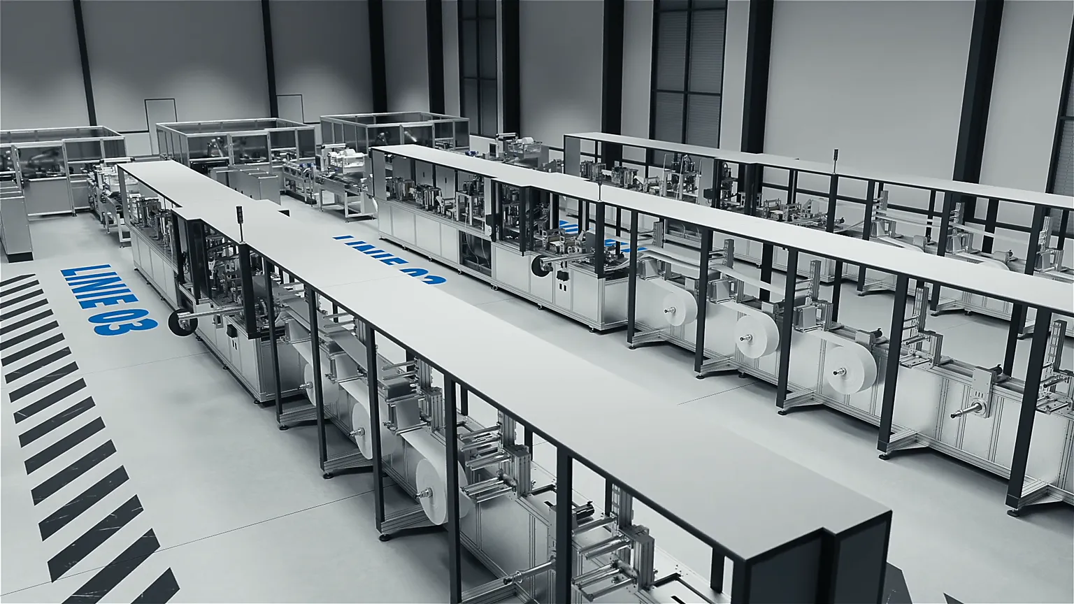 3D-Produktvideo zeigt Schneider Technologies Produktionslinie für FFP2-Masken – automatisierte Fertigung Made in Germany.