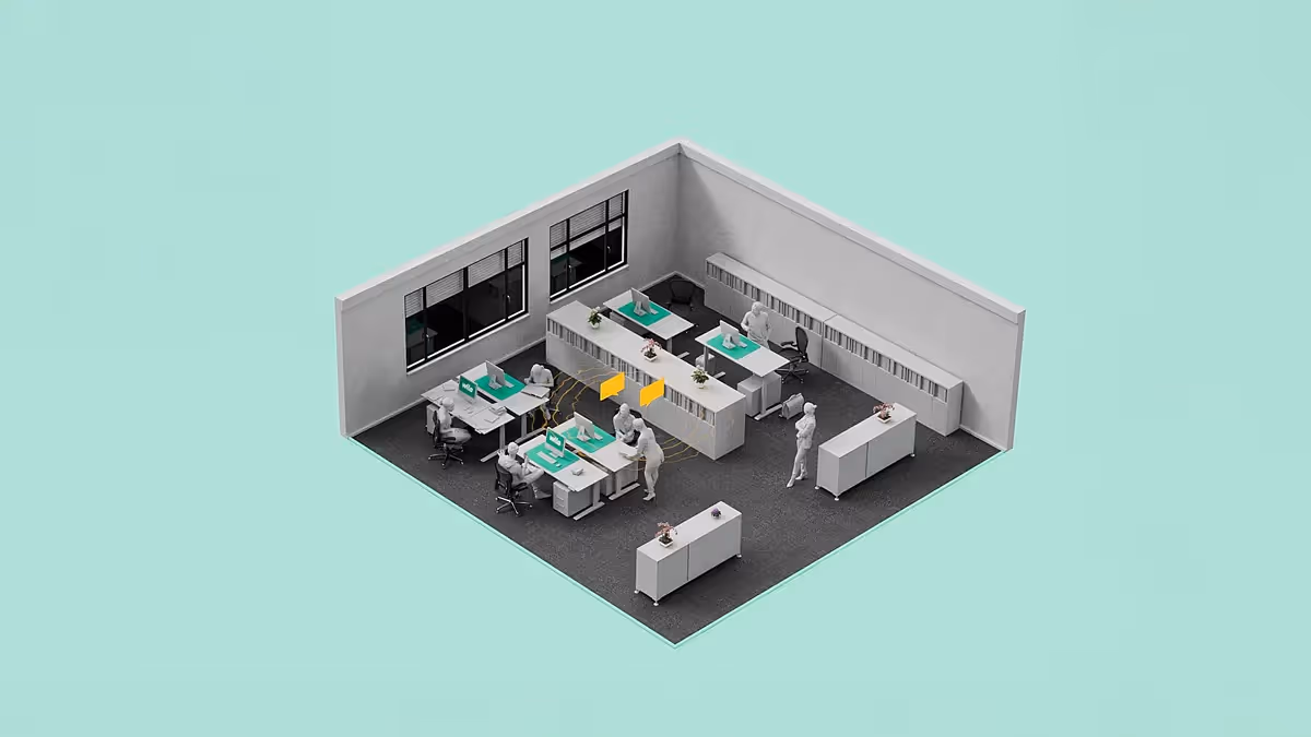 3D-Illustration eines modernen Wilo-Büros mit Mitarbeitenden an Schreibtischen, Computern und Arbeitsplätzen – Zusammenarbeit, Effizienz und Teamarbeit im Unternehmensalltag.