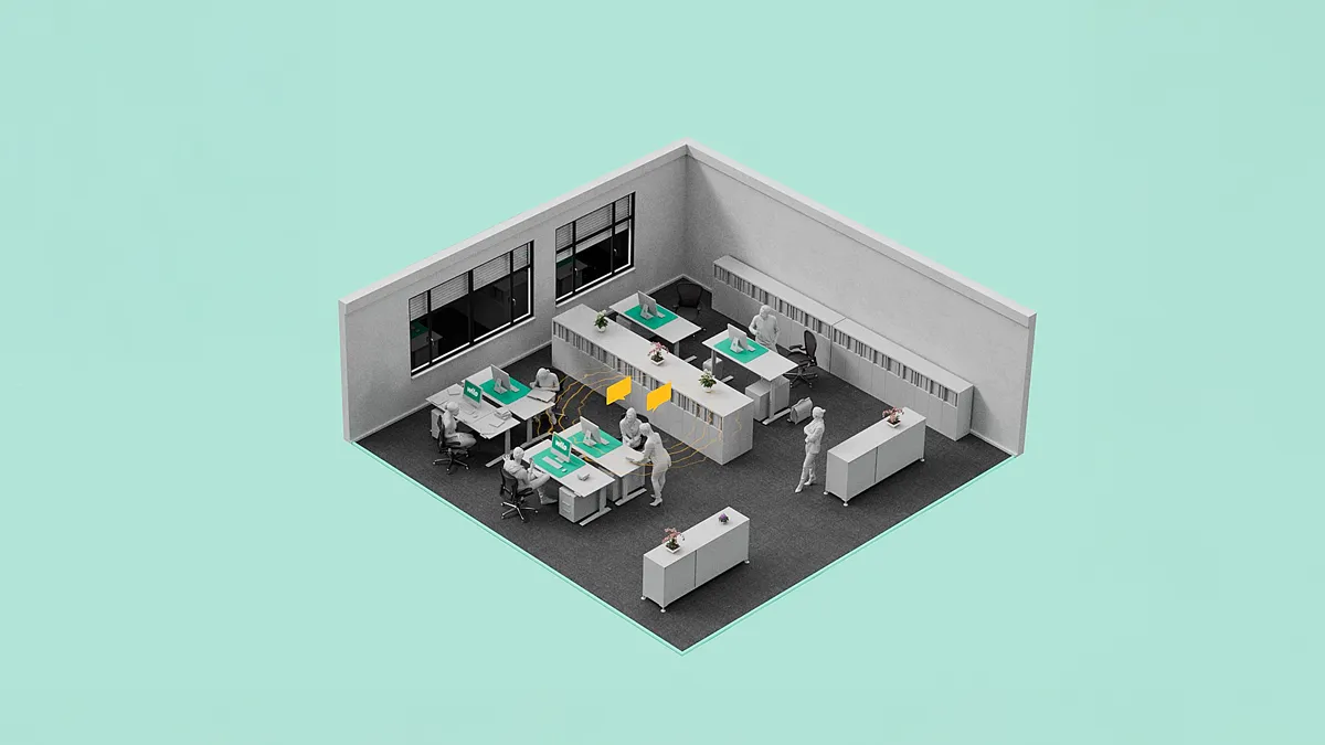 3D-Illustration eines modernen Wilo-Büros mit Mitarbeitenden an Schreibtischen, Computern und Arbeitsplätzen – Zusammenarbeit, Effizienz und Teamarbeit im Unternehmensalltag.
