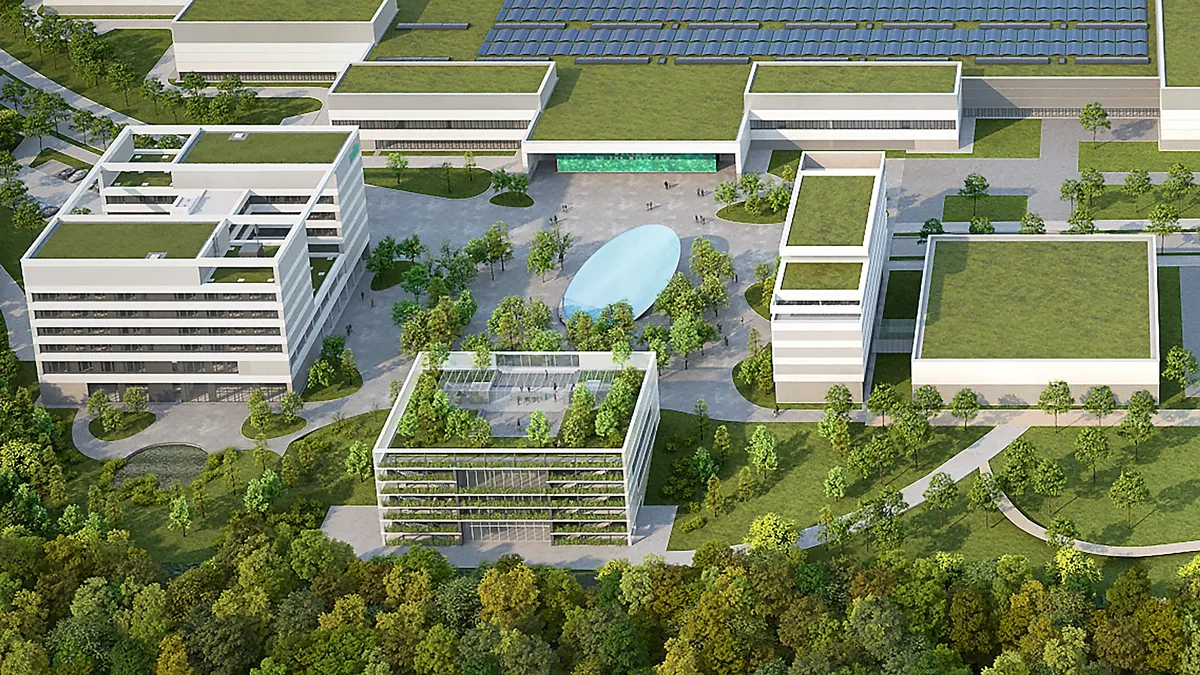 Architektur-Visualisierung des Wilo Campus Dortmund mit modernen Gebäuden, Grünflächen, Bäumen und nachhaltiger Bauweise – Symbol für Innovation und Zukunftsfähigkeit.