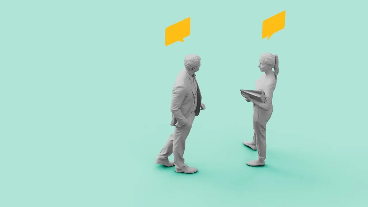 3D-Illustration zweier Wilo-Mitarbeiter im Gespräch mit gelben Dialogsymbolen – Kommunikation, Zusammenarbeit und Austausch im modernen Arbeitsumfeld.