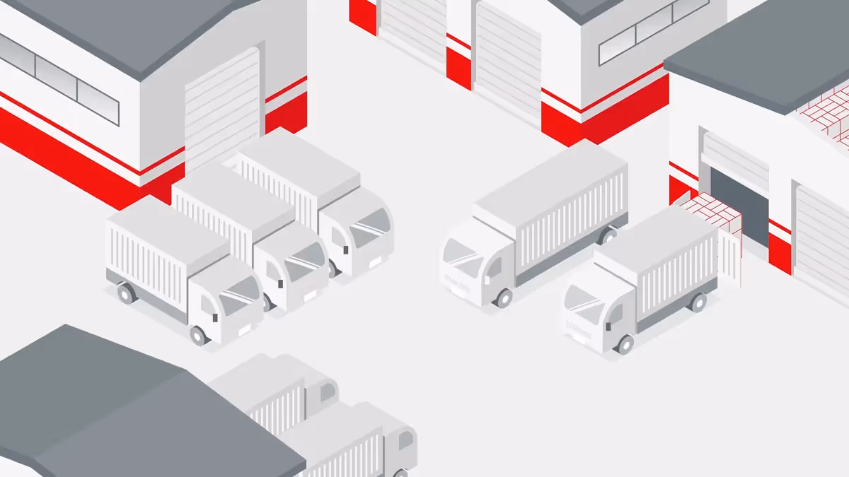 Illustration eines Logistikzentrums mit mehreren LKWs vor Lagerhallen. Darstellung von moderner Transportlogistik, digitaler Steuerung von Lieferketten und effizienter Warenverteilung durch Active Logistics.