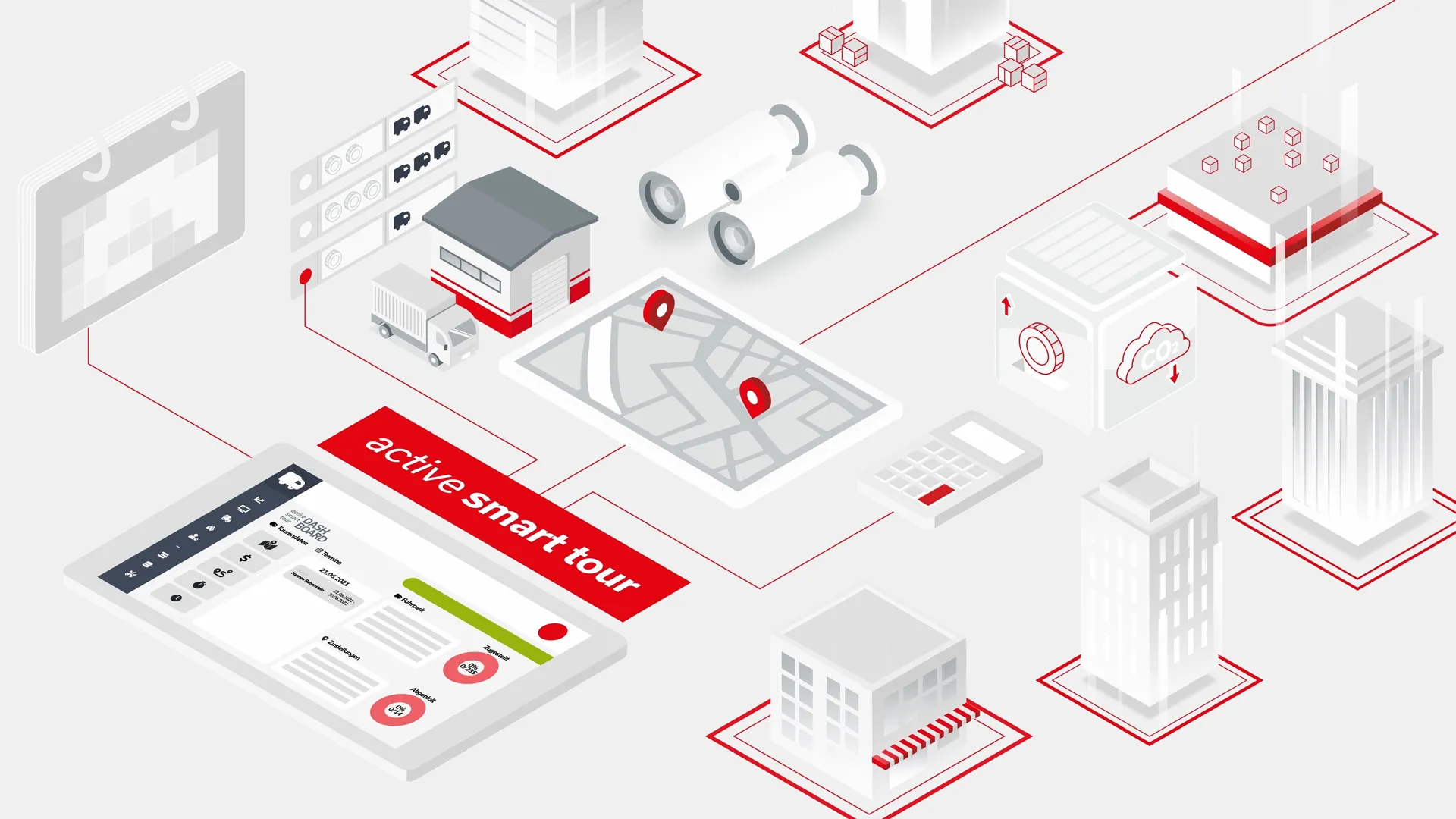 Illustration der Active Smart Tour von Active Logistics mit digitalem Dashboard, Standortkarte, CO₂-Tracking und vernetzten Logistiksystemen. Darstellung moderner Routenplanung, Lieferkettenmanagement und nachhaltiger Transportoptimierung.