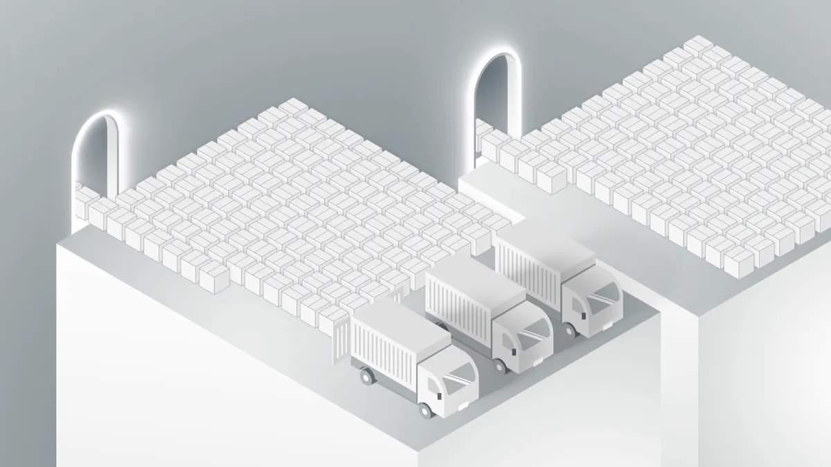 Illustration von Active Logistics mit Lagerräumen voller gestapelter Boxen und Lkw im Verladebereich. Darstellung effizienter Warenlagerung, Transportorganisation und digital gesteuerter Lieferkettenlogistik.