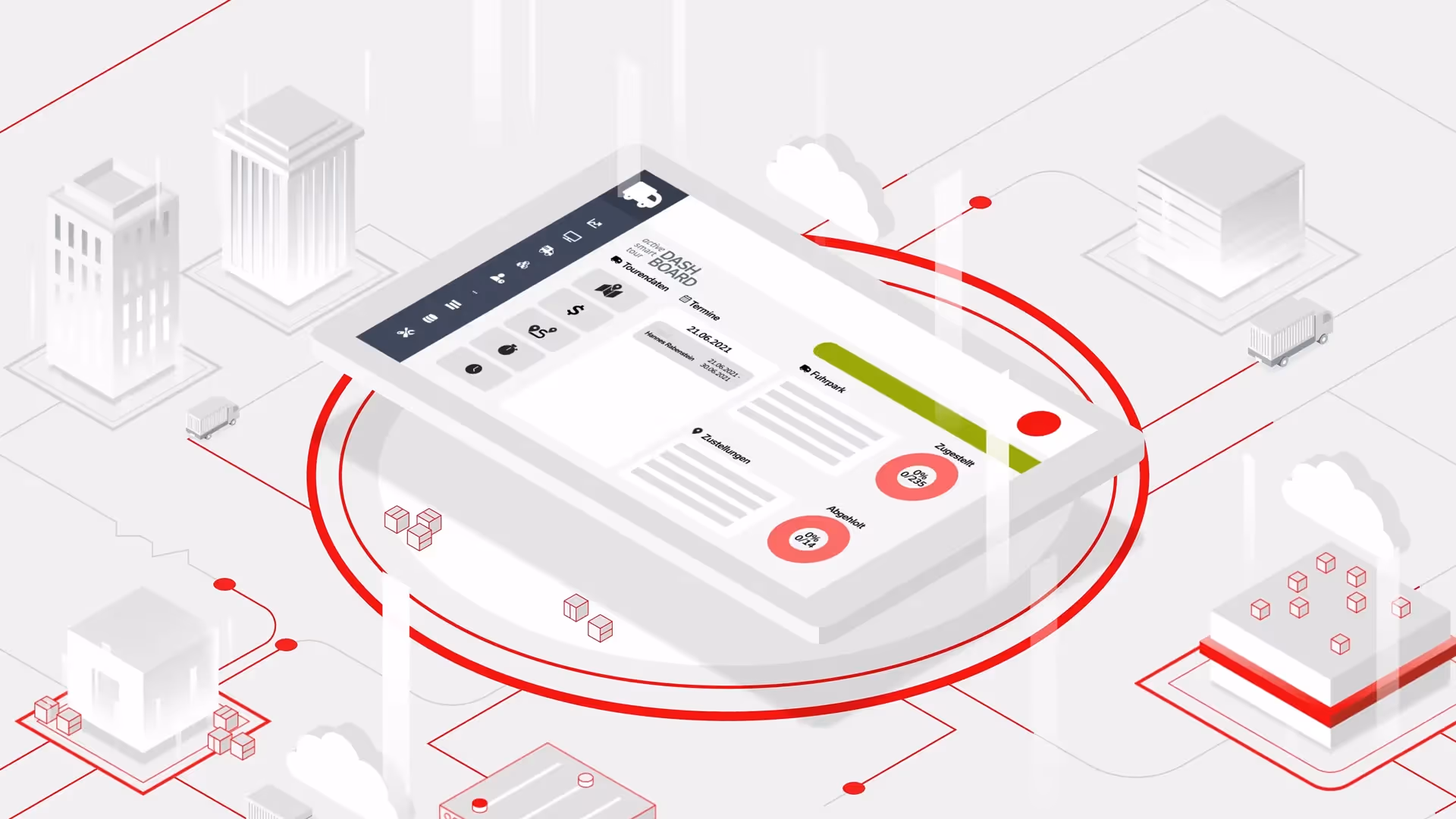 Digitale Illustration eines Logistik-Dashboards mit Diagrammen und Kennzahlen. Im Hintergrund sind vernetzte Gebäude, Lkw und Cloud-Symbole dargestellt. Active Logistics zeigt Transparenz und smarte Prozesssteuerung.