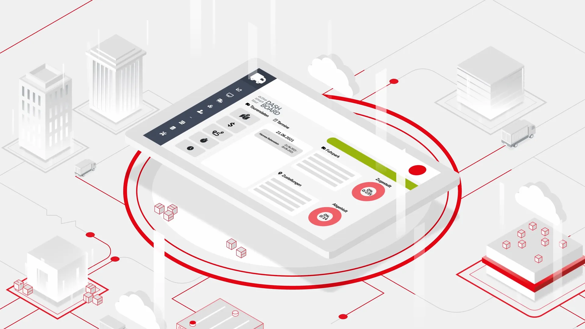 Digitale Illustration eines Logistik-Dashboards mit Diagrammen und Kennzahlen. Im Hintergrund sind vernetzte Gebäude, Lkw und Cloud-Symbole dargestellt. Active Logistics zeigt Transparenz und smarte Prozesssteuerung.