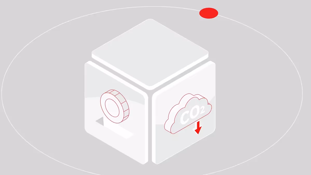 Illustration eines Würfels mit Symbolen für CO₂-Reduktion und Effizienzsteigerung. Darstellung nachhaltiger Logistiklösungen von Active Logistics, Fokus auf Klimaschutz, Optimierung von Transport und Emissionen.
