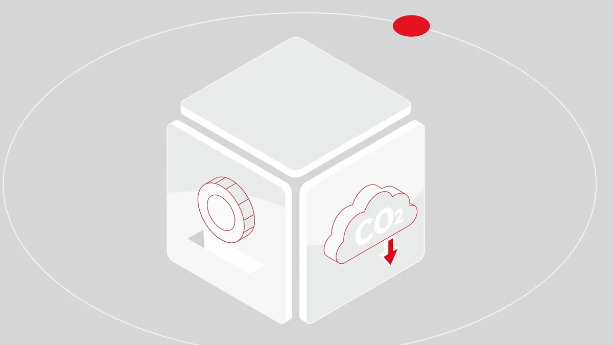 Illustration eines Würfels mit Symbolen für CO₂-Reduktion und Effizienzsteigerung. Darstellung nachhaltiger Logistiklösungen von Active Logistics, Fokus auf Klimaschutz, Optimierung von Transport und Emissionen.