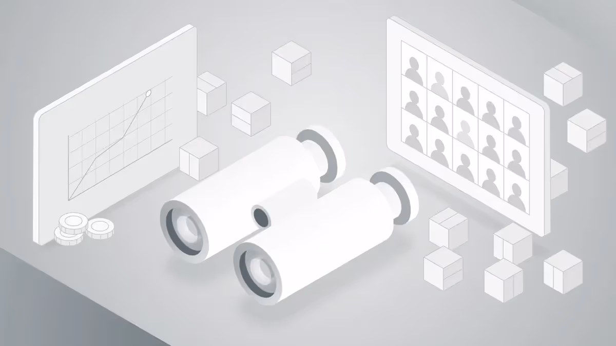 Illustration mit Fernglas, Diagramm und Monitor mit Nutzer-Icons, um Transparenz, Datenanalyse und Netzwerküberwachung in der Logistik darzustellen. Active Logistics zeigt hier digitale Kontrolle und Prozessoptimierung.