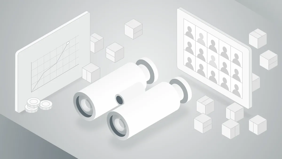 Illustration mit Fernglas, Diagramm und Monitor mit Nutzer-Icons, um Transparenz, Datenanalyse und Netzwerküberwachung in der Logistik darzustellen. Active Logistics zeigt hier digitale Kontrolle und Prozessoptimierung.
