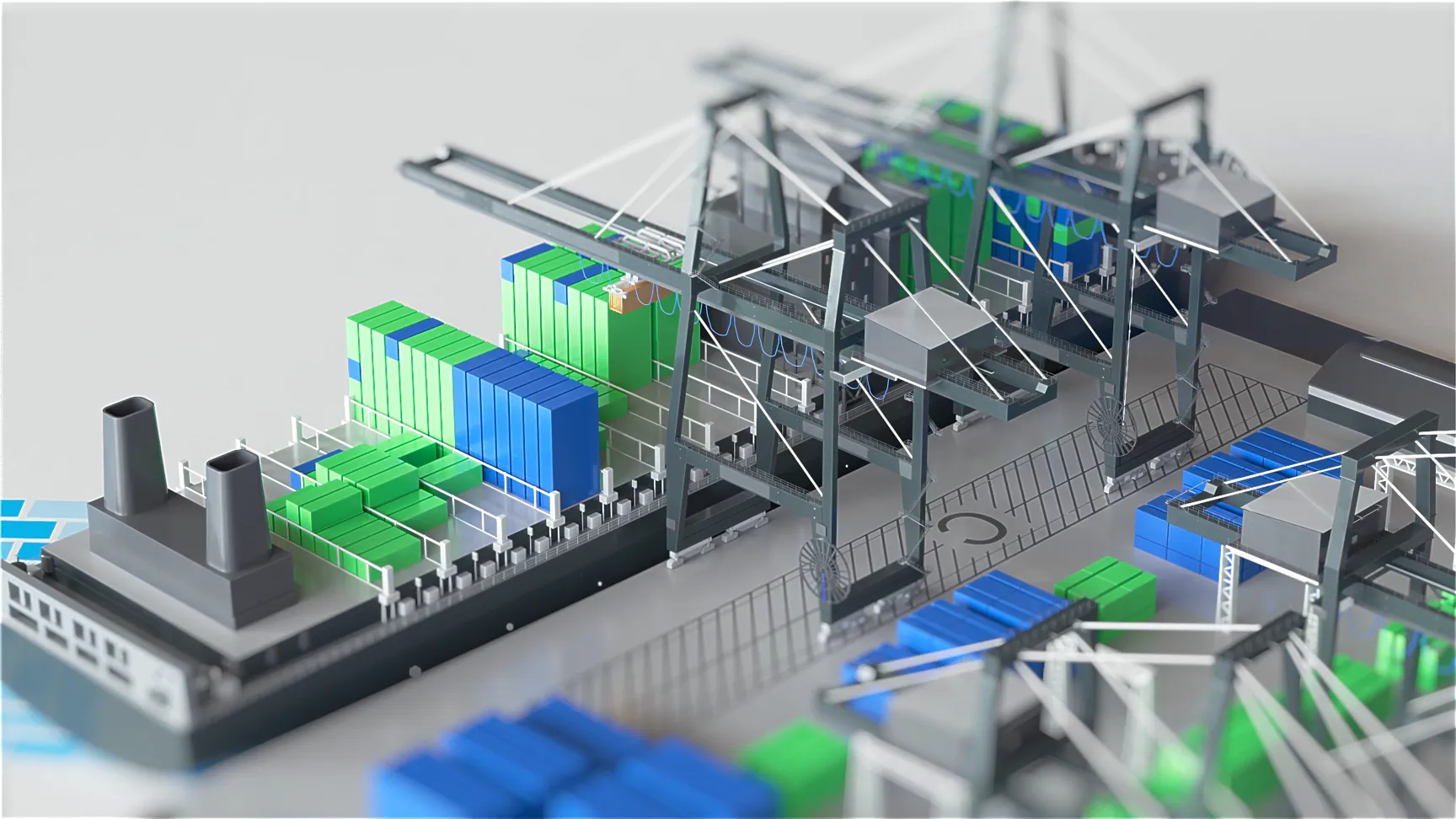 3D-Illustration eines Containerhafens mit Schiff, grünen und blauen Containern sowie großen Verladekränen.