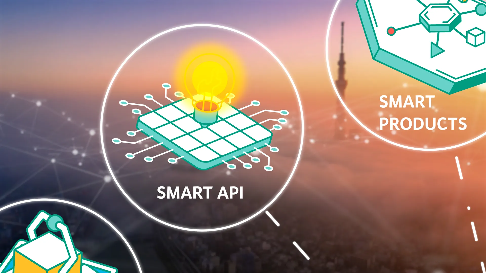 2D-Animation aus einem Erklärvideo mit Icon ‚Smart API‘ – Visualisierung von digitalen Schnittstellen, Innovation und moderner Technologiekommunikation.