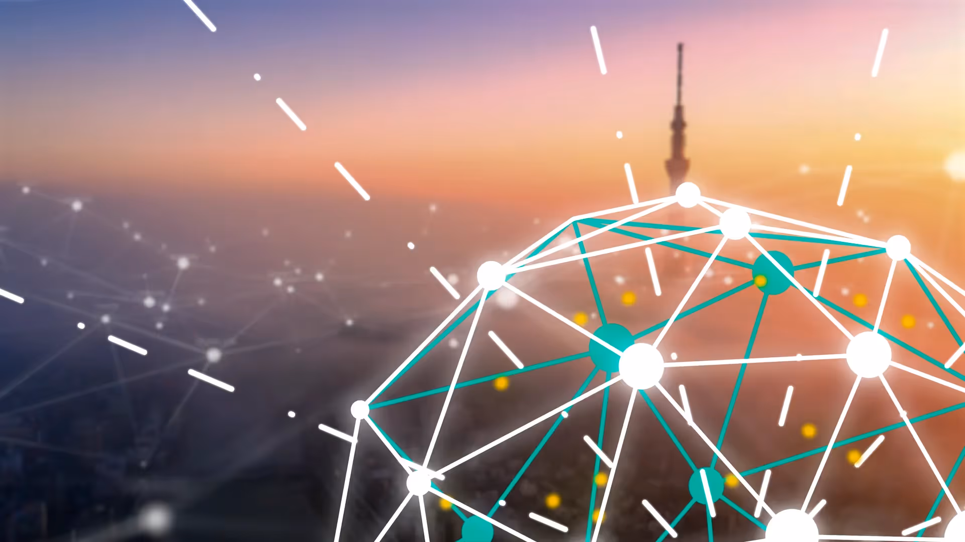 Animierte Netzwerkstruktur mit leuchtenden Verbindungslinien – Szene aus einem 2D Erklärvideo über digitale Transformation, Datenkommunikation und smarte Technologien.