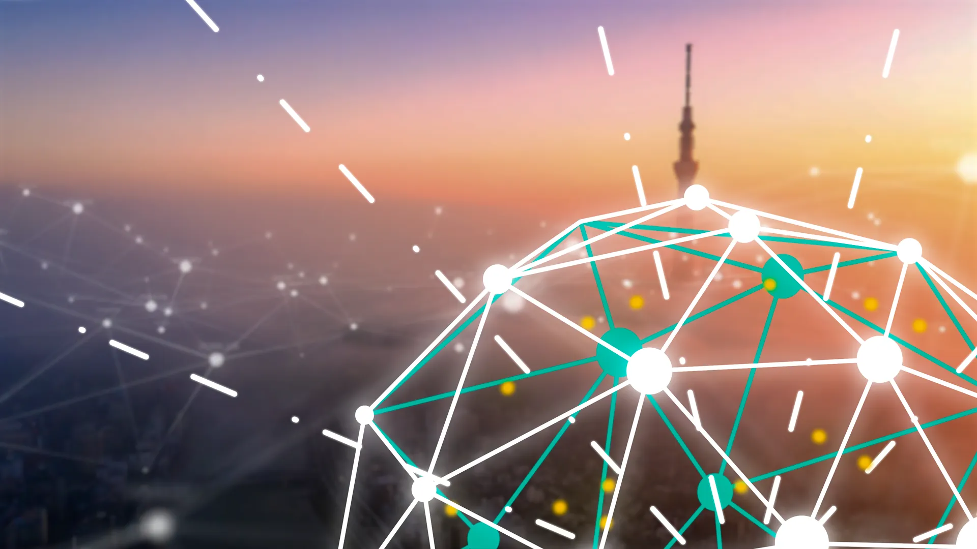 Animierte Netzwerkstruktur mit leuchtenden Verbindungslinien – Szene aus einem 2D Erklärvideo über digitale Transformation, Datenkommunikation und smarte Technologien.