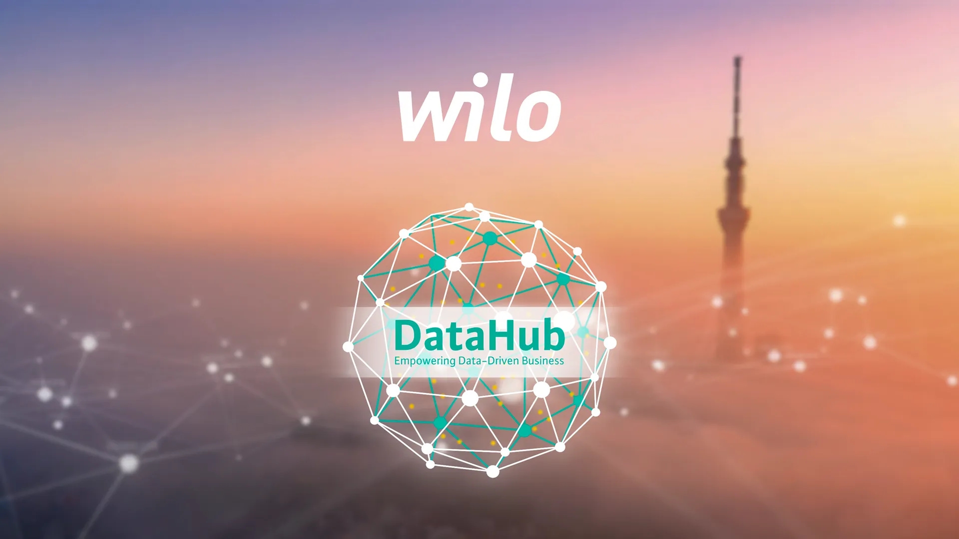 2D Erklärvideo Visualisierung zeigt das Wilo DataHub Logo mit digitalem Netzwerksystem vor Sonnenuntergang – Symbol für Industrie 4.0, datengetriebene Prozesse und digitale Transformation im modernen 2D Erklärvideo Stil.