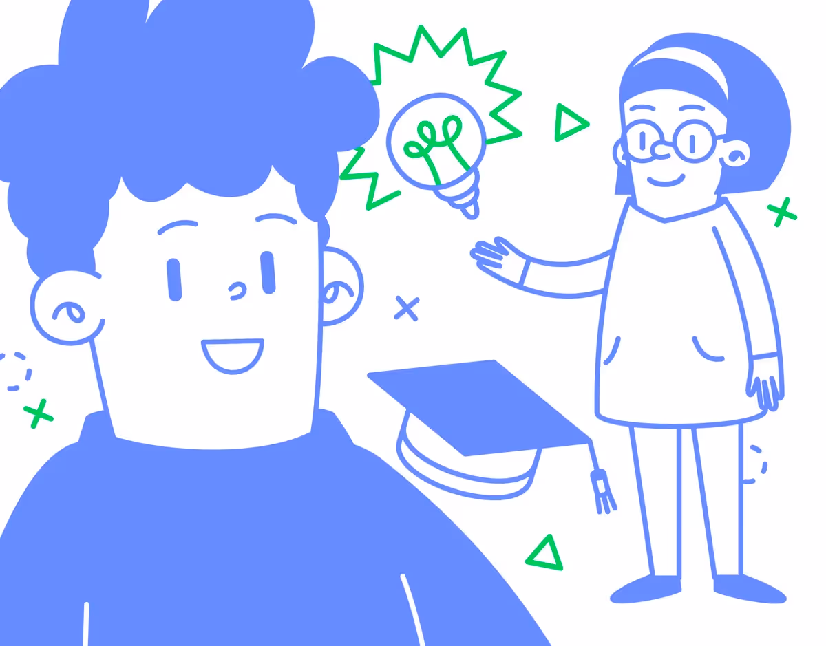 Illustration von Schülern und Lehrern mit Symbolen für Bildung, Ideen und Lernen. Darstellung für Forum Open Education zur Förderung digitaler und innovativer Bildungskonzepte.