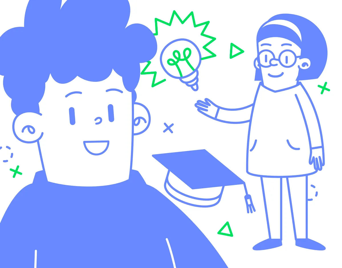 Illustration von Schülern und Lehrern mit Symbolen für Bildung, Ideen und Lernen. Darstellung für Forum Open Education zur Förderung digitaler und innovativer Bildungskonzepte.