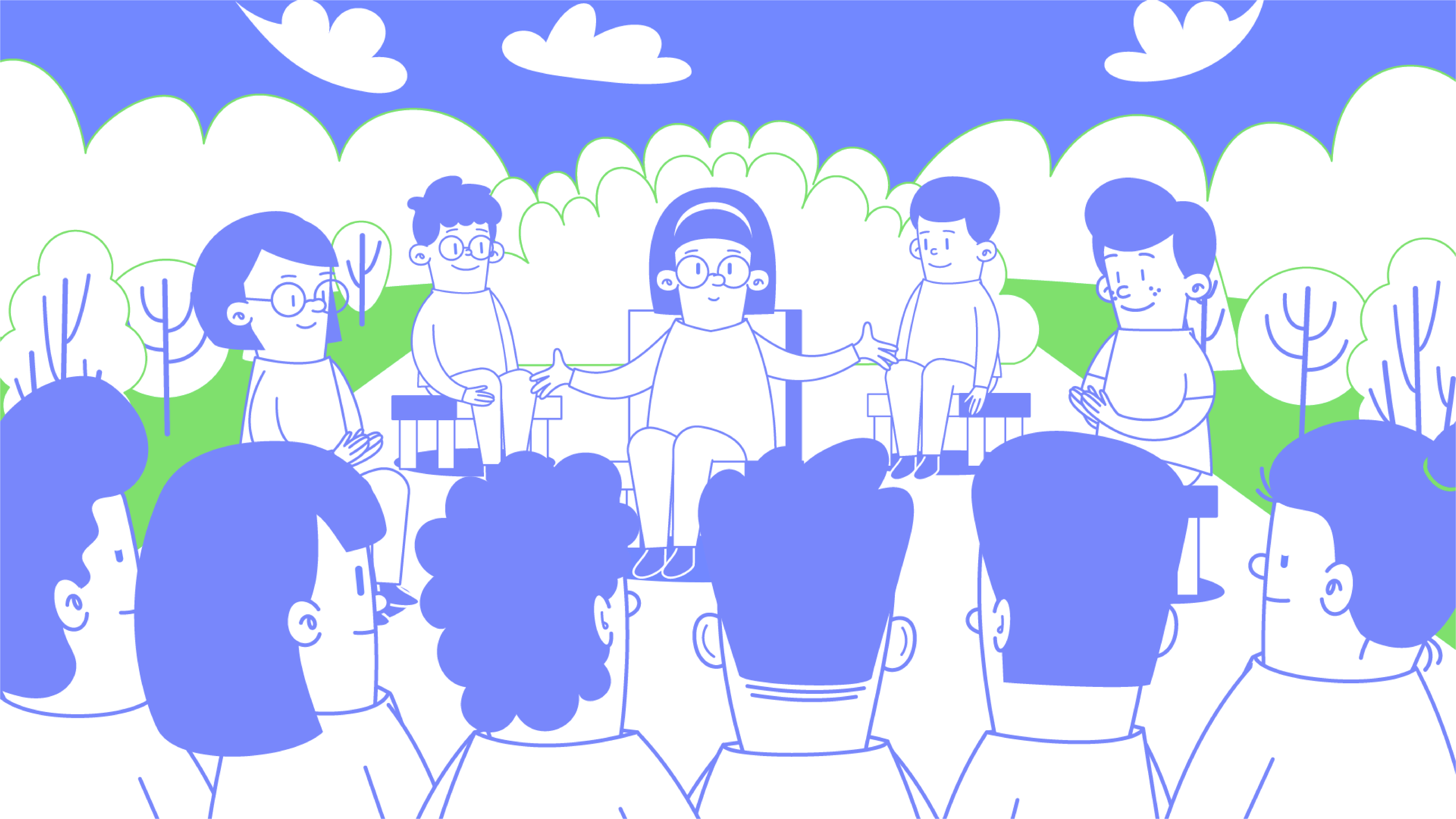 Animierte Szene einer Gruppe von Schülern und Lehrern in einer Lernumgebung im Freien. Visualisierung für Forum Open Education über gemeinschaftliches, kreatives Lernen.