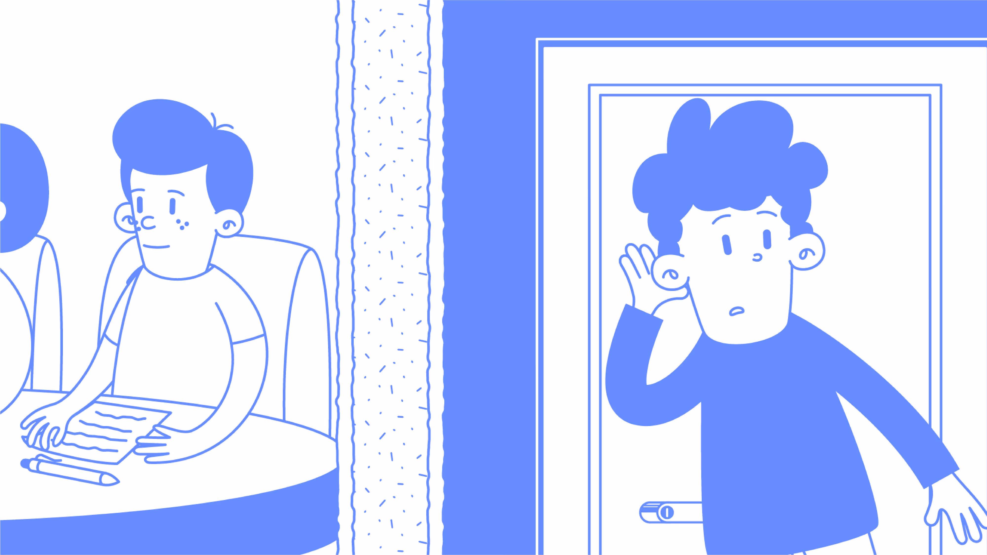 Illustration aus einem 2D Erklärvideo: neugieriger Charakter lauscht an einer Tür – humorvolle Szene zur Darstellung von Kommunikation, Missverständnissen oder Informationsfluss.